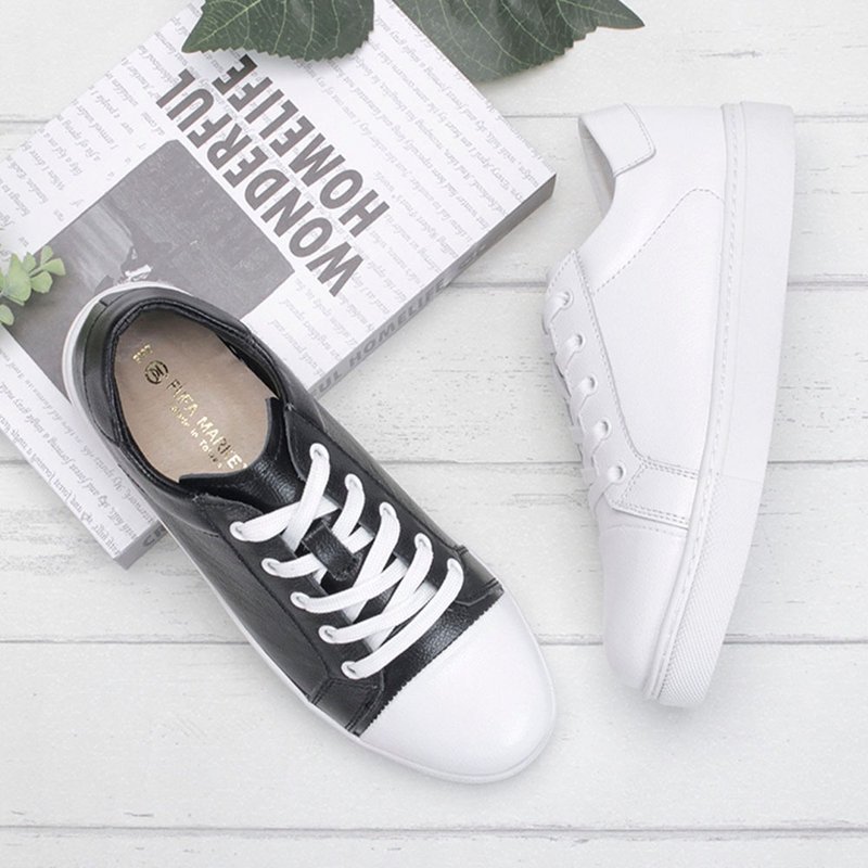 Genuine leather round toe lace-up casual shoes-black/white 1DH004 - รองเท้าลำลองผู้หญิง - วัสดุอื่นๆ สีดำ