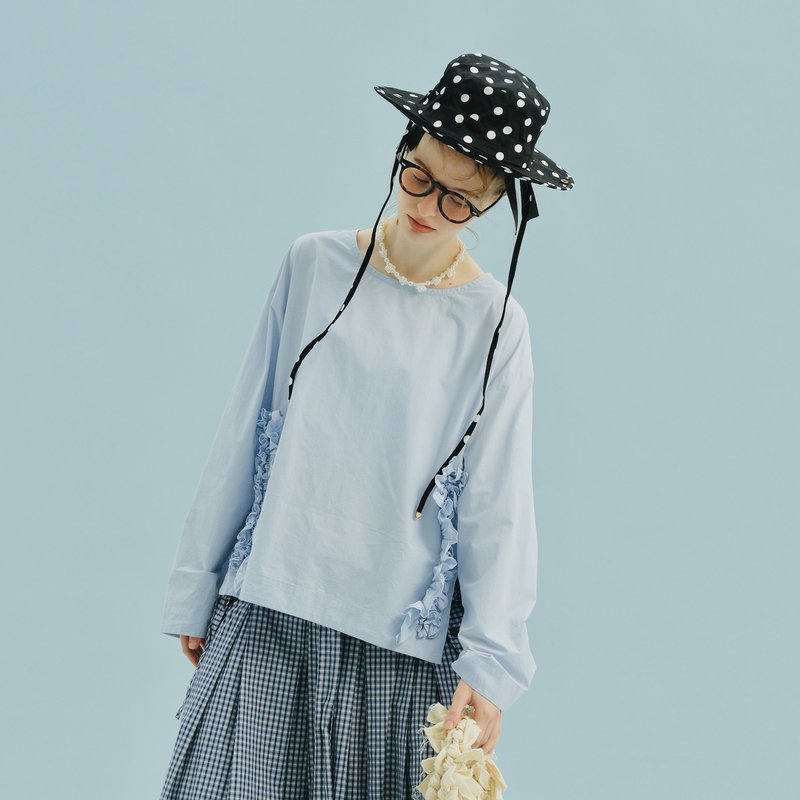 藍色圓領長袖綴花棉上衣 / 襯衫 - 女襯衫 - 棉．麻 藍色