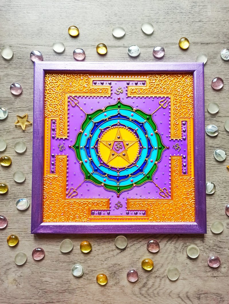Shri MahaMrityunjaya Yantra手绘湿婆神吠陀占星术Vastu Jyotish - 壁貼/牆壁裝飾 - 玻璃 多色