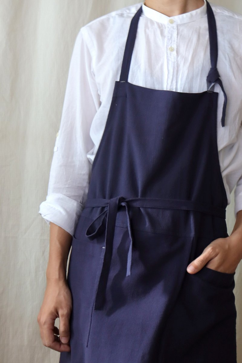 Ayuno wide slit back strappy apron dark blue and grass green - Aprons - Cotton & Hemp Blue