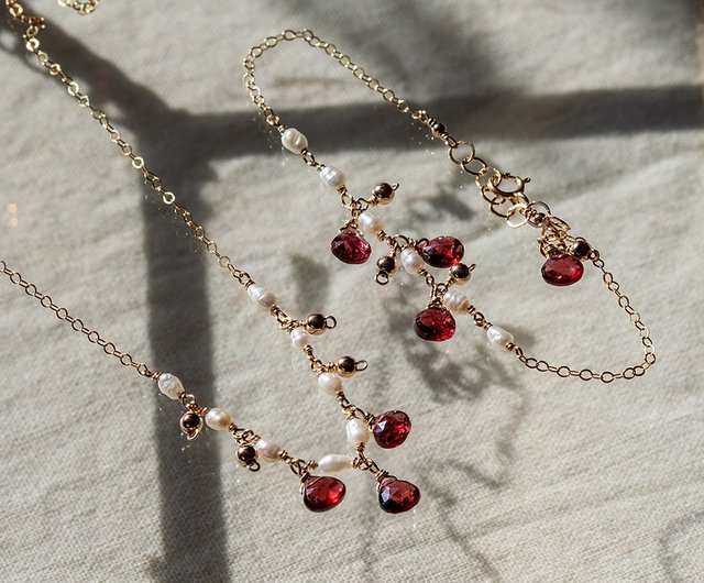 Garnet Freshwater Pearl Drop 14KGF Necklace Bracelet Set - 設計館