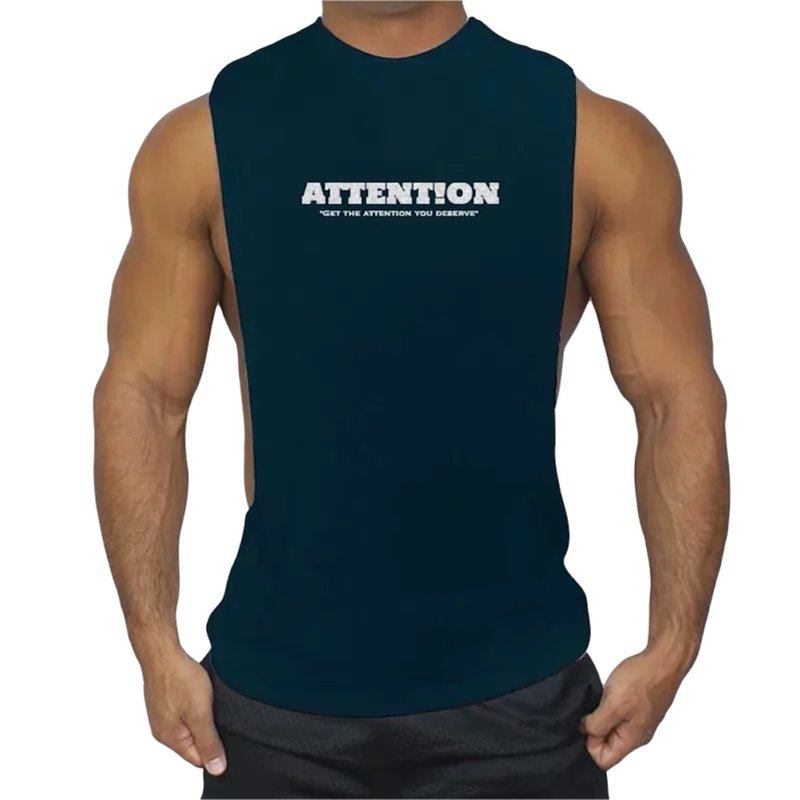AttentionWear運動挖背背心【深藍燙銀款】│ATTENTION 吸濕排汗 - 男背心 - 棉．麻 藍色