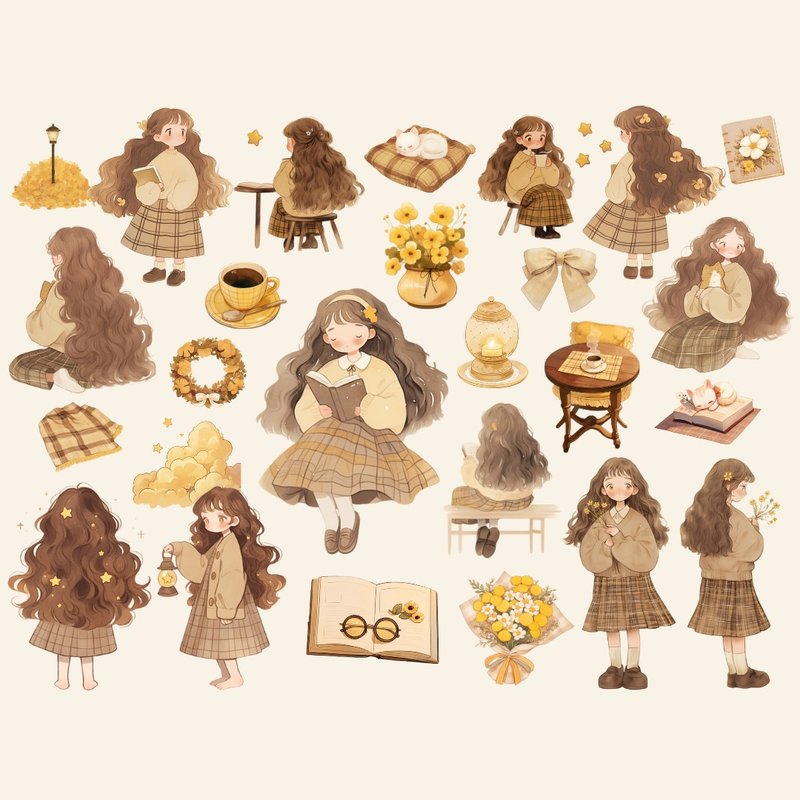 水彩女孩前後設計素材組 秋季手帳拼貼插畫PNG數位貼紙 - 電子似顏繪/繪畫/插畫 - 其他材質 