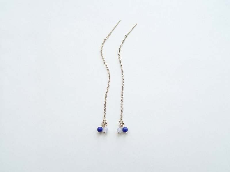沉靜藍青金石藍紋瑪瑙 14K GF 包金 耳線式 耳鍊式 耳環 - 耳環/耳夾 - 半寶石 藍色
