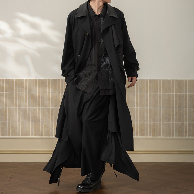 【鶯之舞】都市復古 100%羊毛可拆卸不規則外片裙褲/九分闊腿褲 - 男裝工人褲/長褲/牛仔褲 - 羊毛 黑色