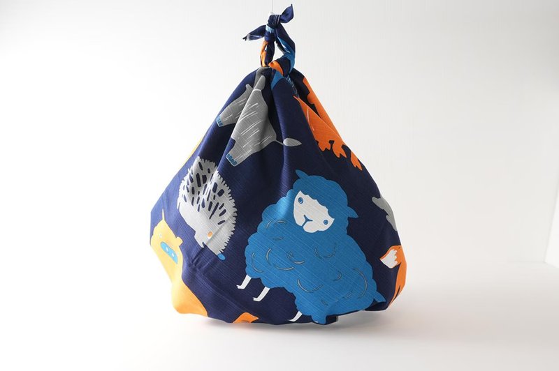 【預購】京都mashu手工製風呂敷 – 快樂動物 / 二四巾 日本製 - 絲巾 - 棉．麻 藍色