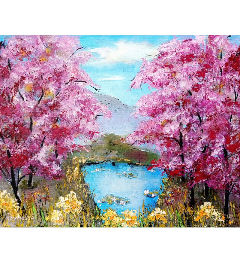 Sakura Oil Painting Laguna Beach Painting Original Art Original Art 16 by 20 - 壁貼/牆壁裝飾 - 其他材質 