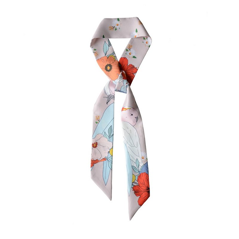 鸚鵡真絲小絲巾|法式優雅|熱帶植物花卉|髮帶|領巾|綁包柄小圍巾 - 絲巾 - 絲．絹 卡其色