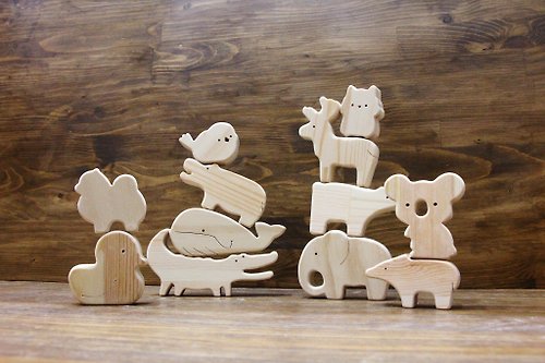 毛毛創森坊 原木造型小動物 擺飾 積木 玩具 疊疊樂