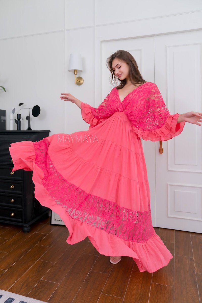 Boho Lace Trim Cotton Maxi Dress, Kaftan Wedding Dress, Boho Wedding Dress - ชุดเดรส - ผ้าฝ้าย/ผ้าลินิน ขาว
