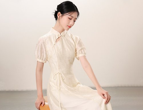 初蟬 新中式 立領泡泡袖收腰顯瘦氣質中國風改良洋裝