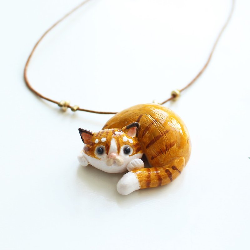 小貓咪項鍊 - 虎斑貓頸鍊 - 項鍊 - 陶 橘色