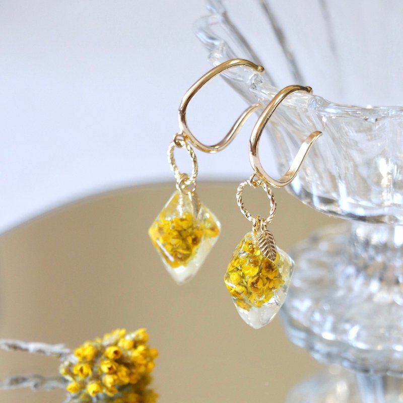 Summer fruit daisy transparent feeling without pierced dry flower earrings Clip-On ear buckle - ต่างหู - เรซิน สีเหลือง