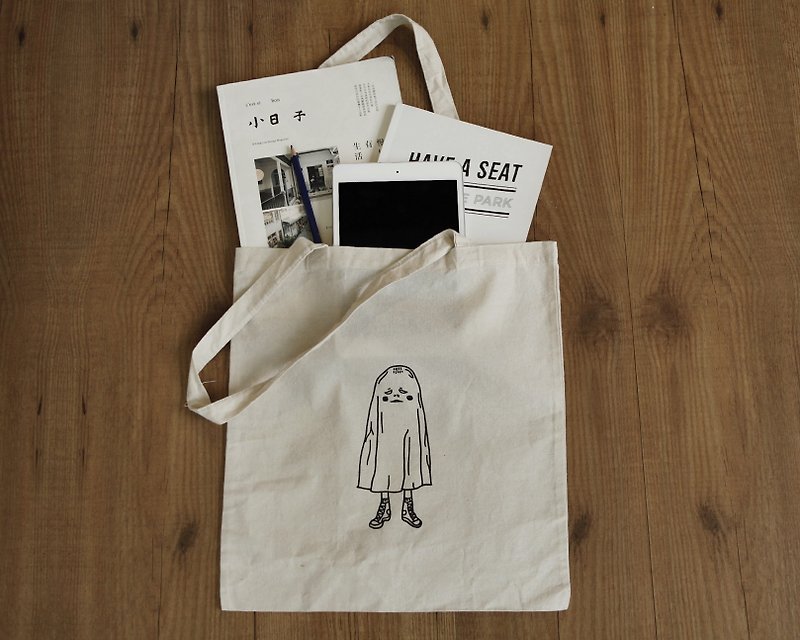 little ghost boy tote bag/handmade/screen printing - Handbags & Totes - Cotton & Hemp Black