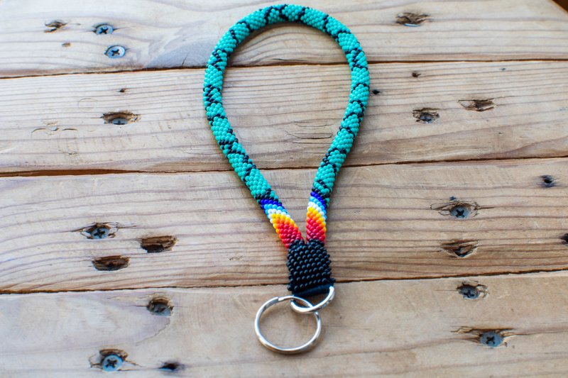 Turquoise keychain Blue key holder Short lanyard Bead crochet rope Wristlet - 鑰匙圈/鑰匙包 - 其他材質 藍色