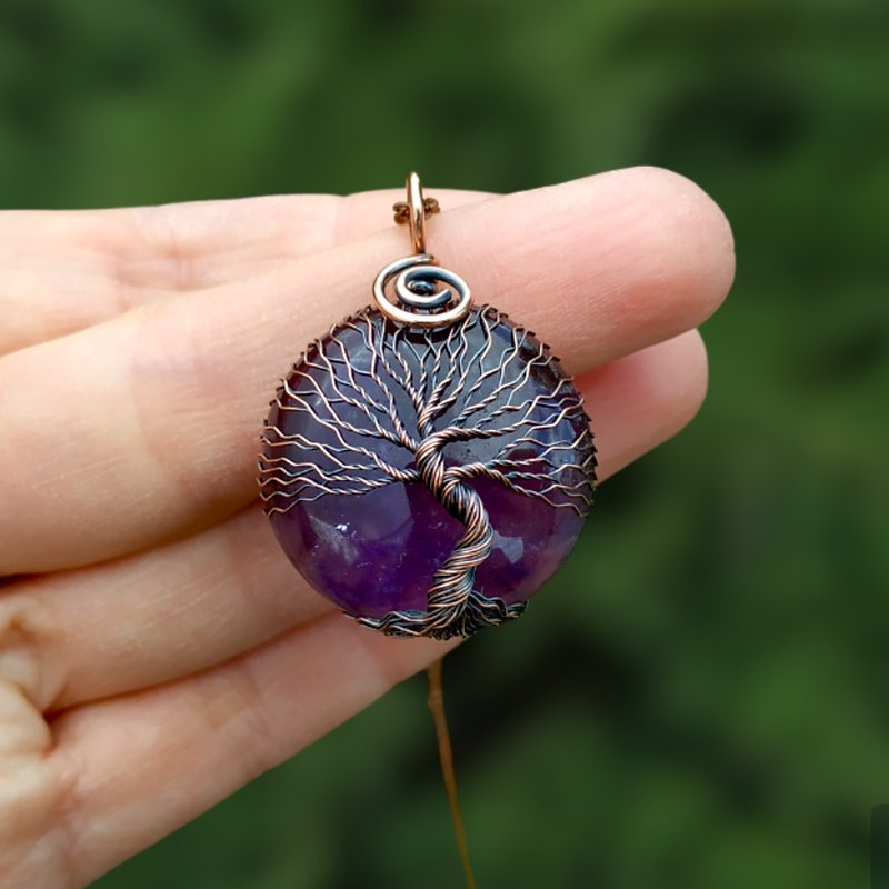 Pisces Birthstone Necklace: Amethyst Tree Of Life Wire Wrapped Pendant, Talisman - สร้อยคอ - เครื่องเพชรพลอย สีม่วง