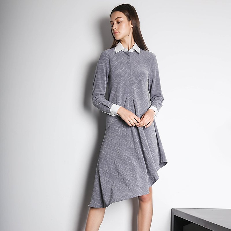 不对称竖条衬衫裙连衣裙 - 裙子/長裙 - 聚酯纖維 灰色