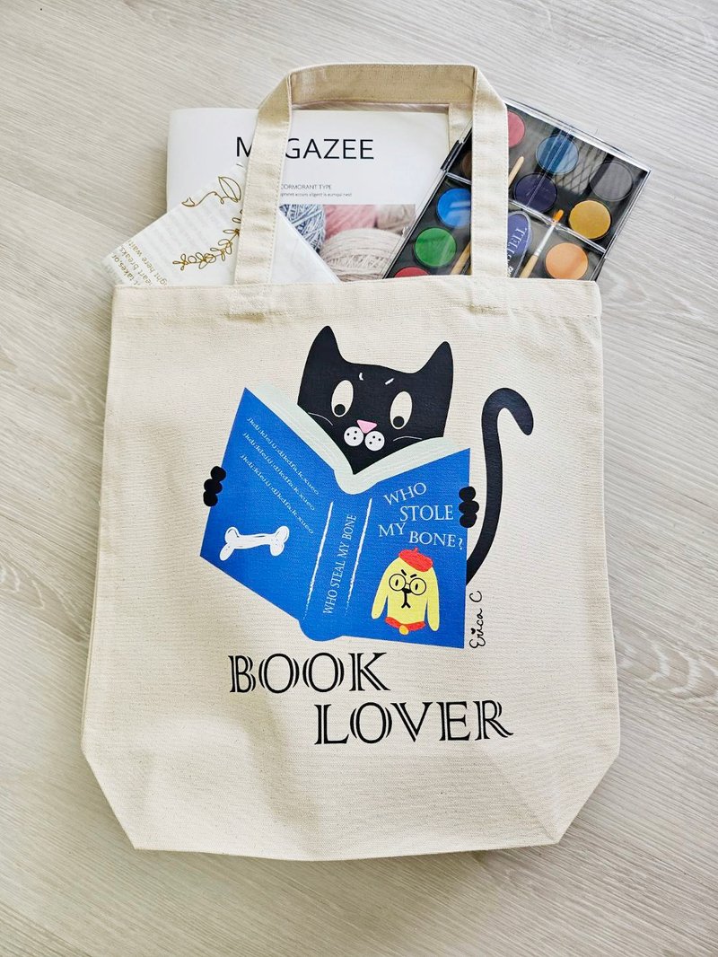 STATELYWORK Black Cat Book Lover Bag - กระเป๋าถือ - ผ้าฝ้าย/ผ้าลินิน สีกากี