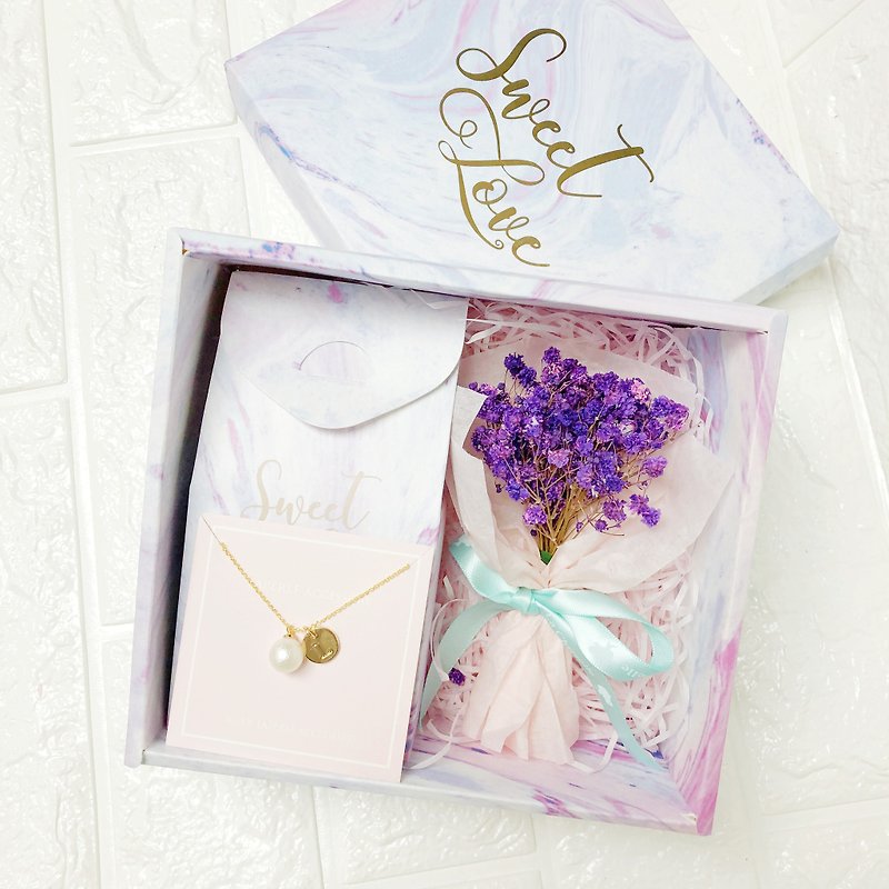 Personalized baby Breath Dry Flower Box bouquet Necklace  Birthday Bridesmaid  - สร้อยข้อมือ - โลหะ สีม่วง