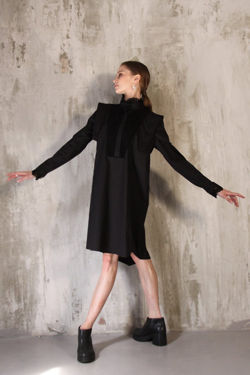 Black cotton evening designer shirtdress with lace Long sleeves High neck Gothic - ชุดราตรี - ผ้าฝ้าย/ผ้าลินิน 