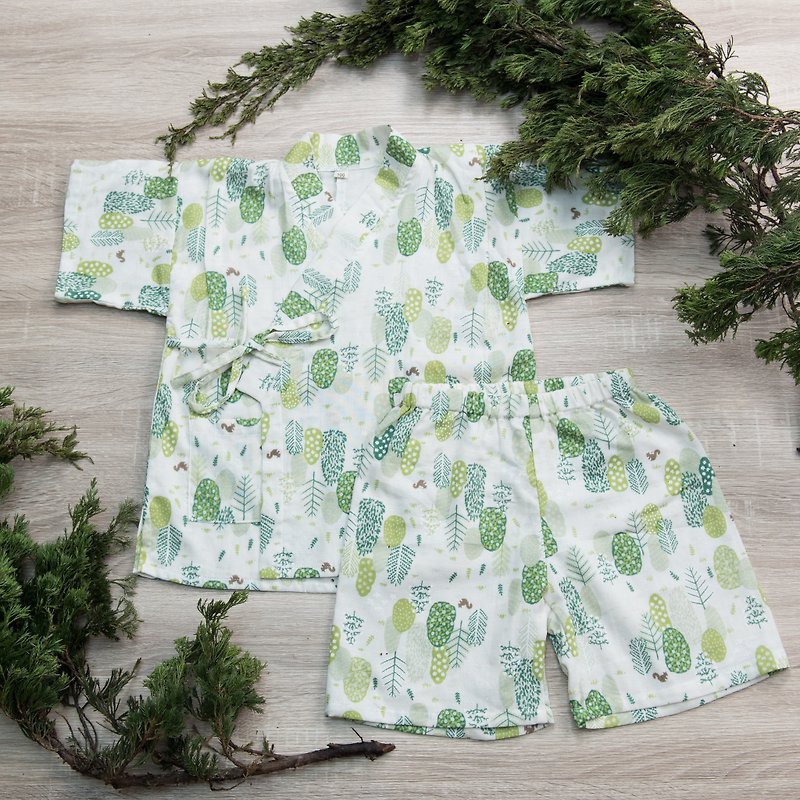Japanese double yarn kimono (with trousers) - rice leaf hand made non-toxic yukata flat baby clothes - Onesies - Cotton & Hemp Green
