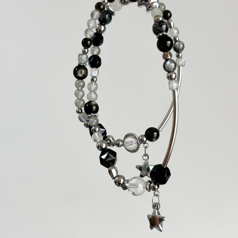 -暗闇で最も輝く星-モノクロミニマルペアブレスレット.クリスタルブレスレット.オブシディアン.ブルールチル.ヘアルチル.アステリズム - ブレスレット - クリスタル ブラック