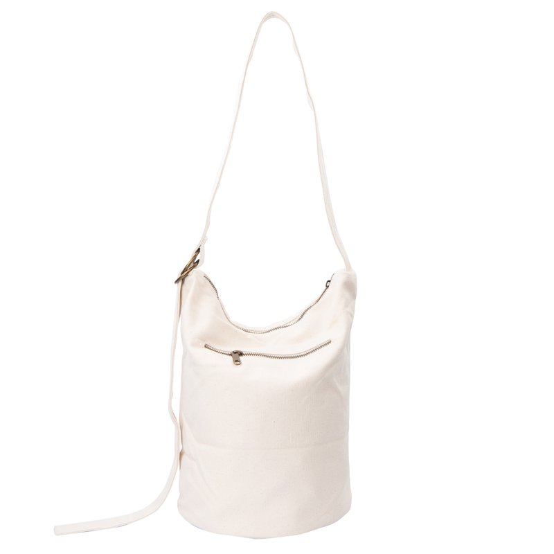 Elegant white large-capacity zipper one-shoulder canvas bucket bag - Drawstring Bags - Polyester White