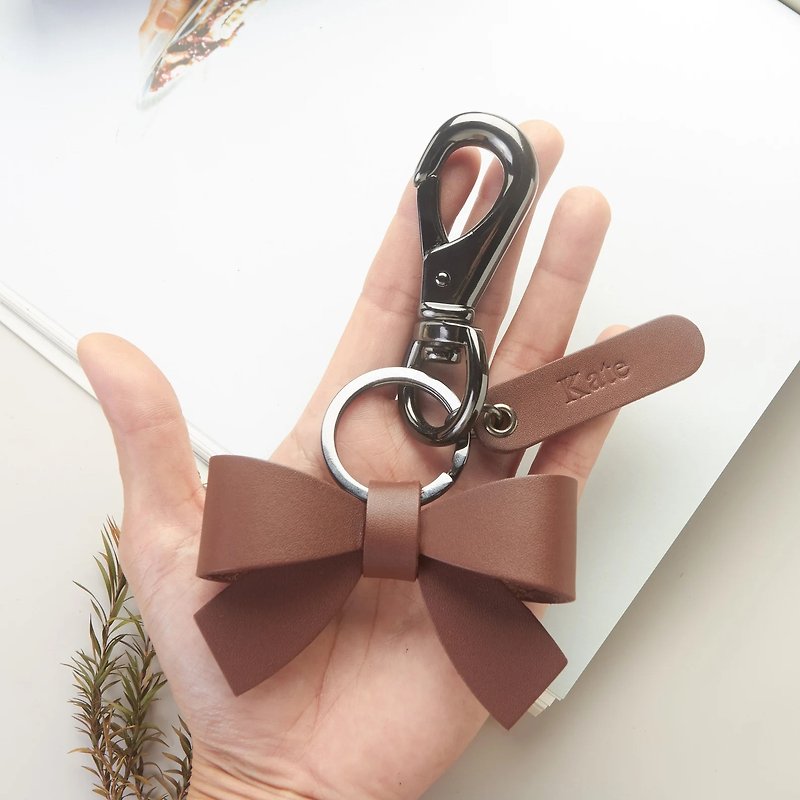 Heavy Duty Leather Bow Keychain |  Leather Bow Bag Charm Keychain - Keychains - Genuine Leather Brown