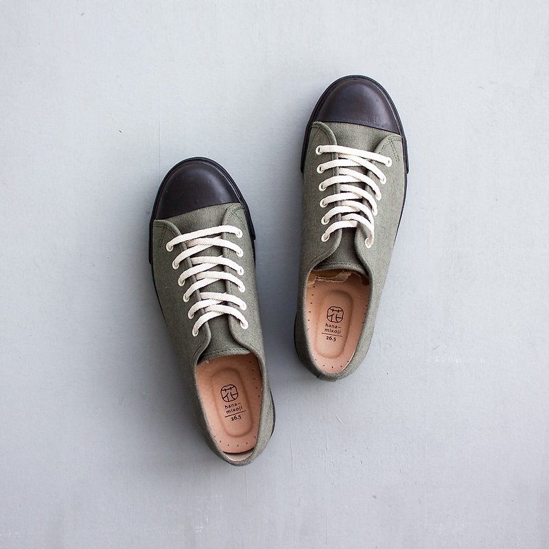 Lace-up casual shoes Flat Sneakers with Japanese fabrics Leather insole - Men's Casual Shoes - Cotton & Hemp Green