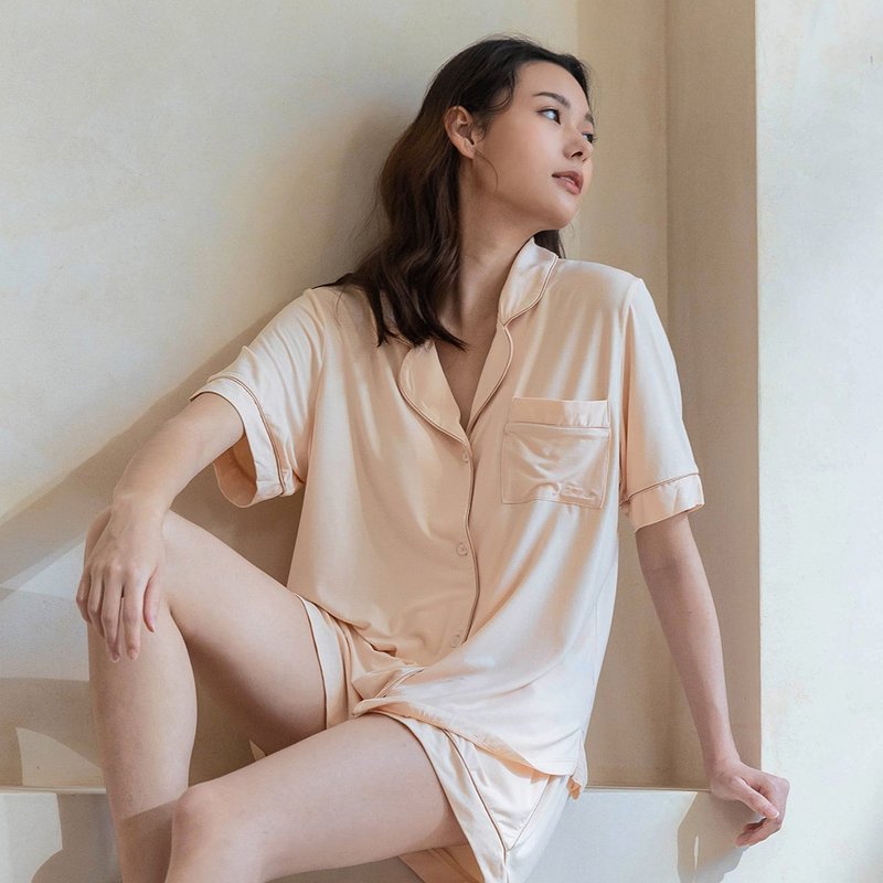 享日子 莫代爾襯衫式居家套裝~杏仁奶茶-駝色 - 睡衣/居家服 - 其他人造纖維 