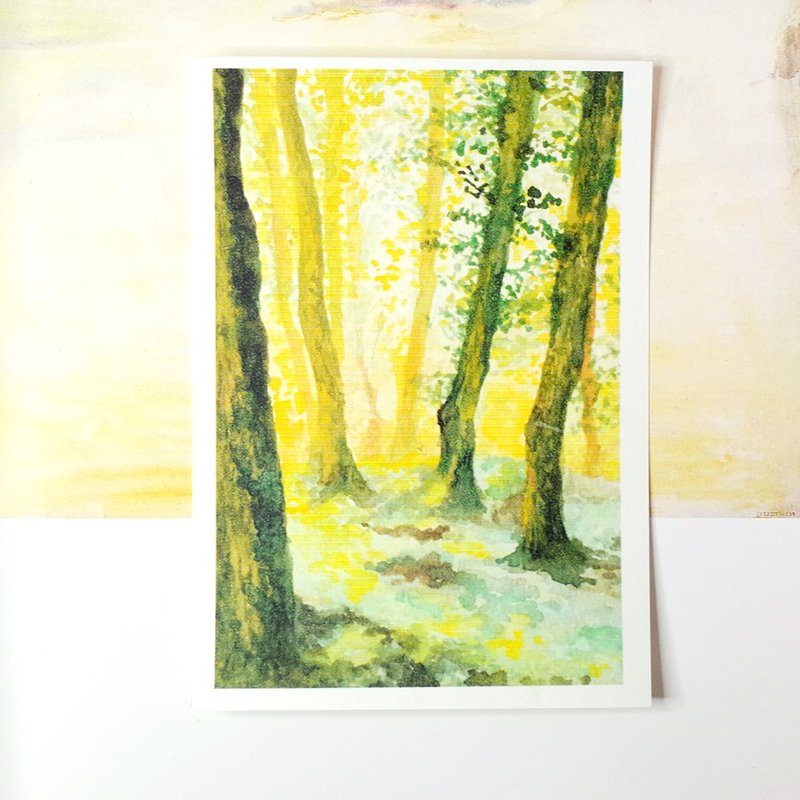 Original landscape watercolor postcard morning forest - การ์ด/โปสการ์ด - กระดาษ สีเหลือง