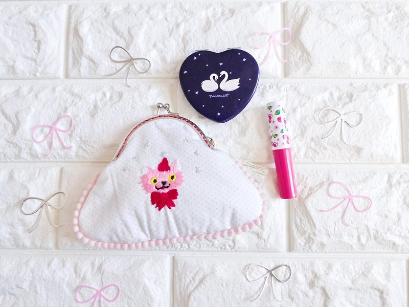 Embroidered Gamaguchi Party Cat Pink - Toiletry Bags & Pouches - Cotton & Hemp Pink