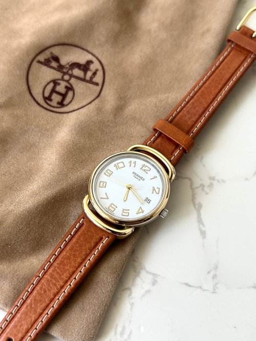 LA LUNE Vintage 日本鑑證古董品選物店 中古二手Hermes Pullman金銀扣咖啡色皮帶男女裝古董錶手腕錶