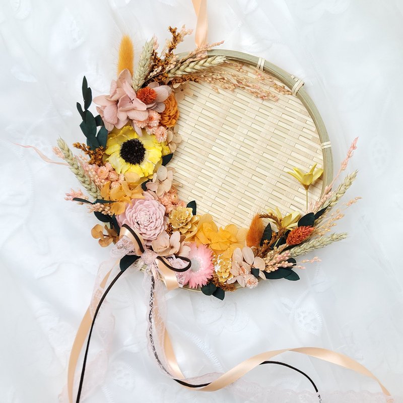 Preserved flower dried flower rice sieve decoration - sweet orange and pink style house moving gift - ช่อดอกไม้แห้ง - พืช/ดอกไม้ สีส้ม