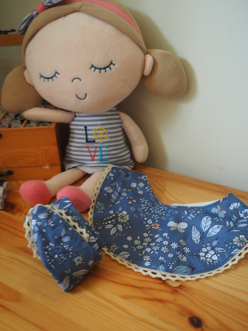 Handmade Baby kid Bib headbandgift baby shower gift set - ผ้ากันเปื้อน - ผ้าฝ้าย/ผ้าลินิน สีน้ำเงิน
