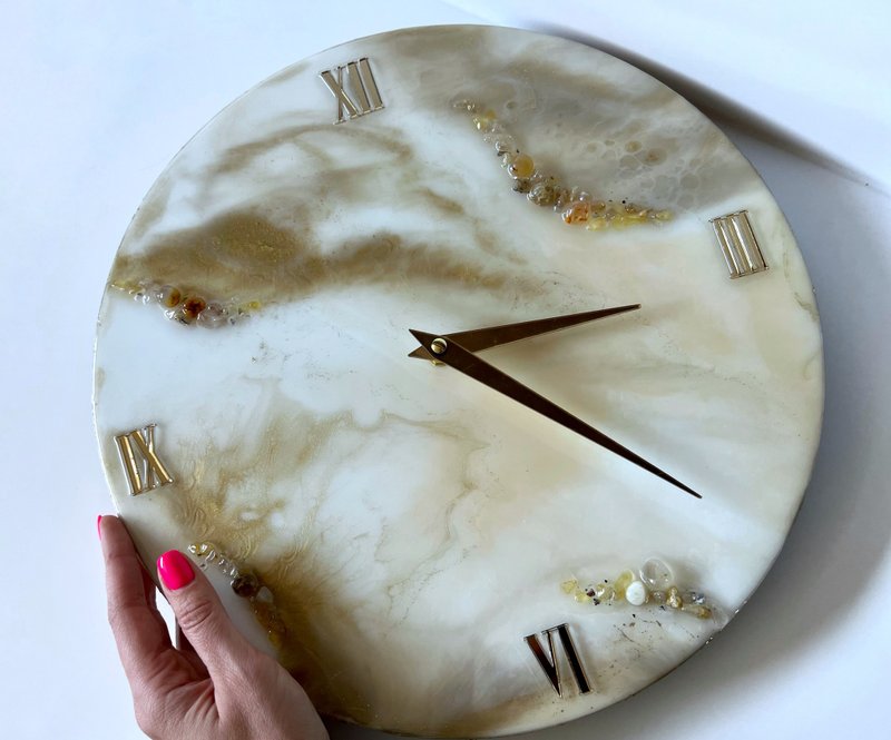 Large marble agate modern clock with natural stones agate and citrin 掛鐘 壁飾 客廳 掛畫 - 時鐘/鬧鐘 - 樹脂 白色