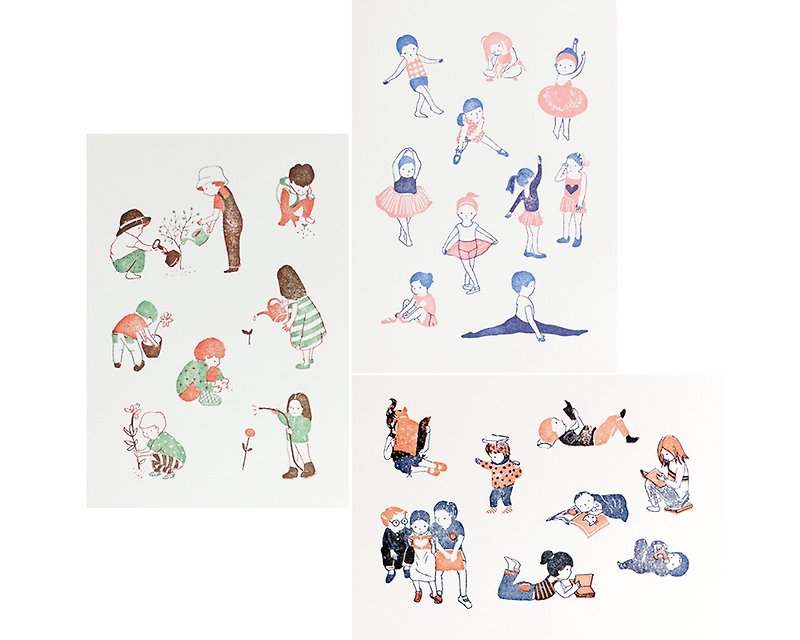 Set of 3 Letterpress Postcards | Nonchalant Faced Kids - การ์ด/โปสการ์ด - กระดาษ 