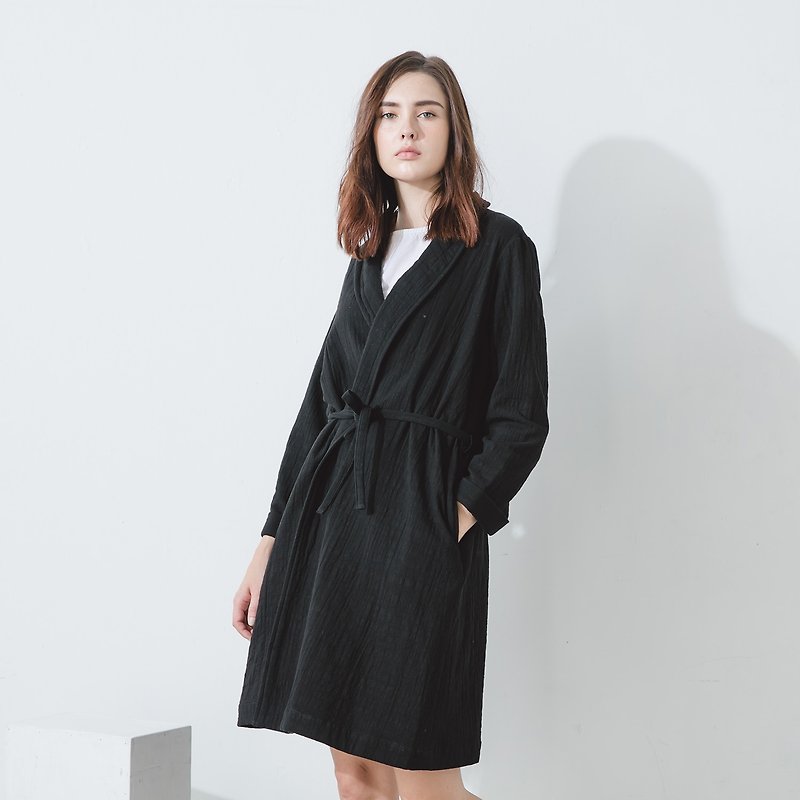 Trenchcoat style robe- Black - Women's Casual & Functional Jackets - Cotton & Hemp Black