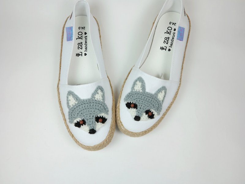 White cotton canvas hand made shoes raccoon models have a woven section - รองเท้าลำลองผู้หญิง - วัสดุอื่นๆ สีเทา