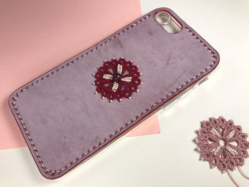 【rub wax leather‧windmill】-tatted lace leather phone case / iphone7 phone case / gift / tatting / handmade / customize - Phone Cases - Genuine Leather Red