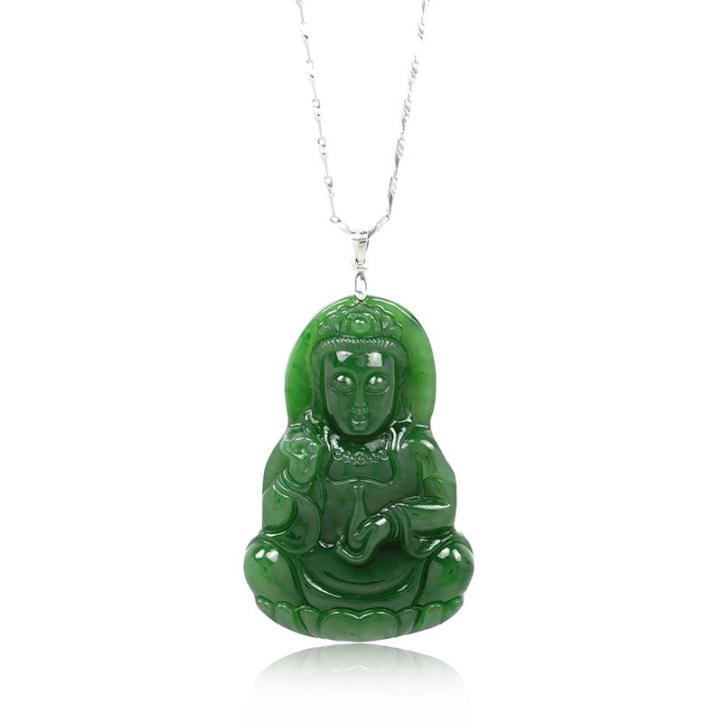 Nephrite Jade Classic Guanyin Pendant Sterling Silver White Gold Plated - Necklaces - Jade Green