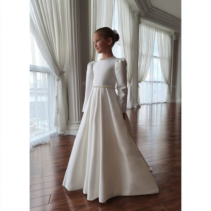 花嫁介添人のサテンの真珠の綿のハンドメイドが付いている白い女の子の性能の服 - キッズドレス - その他の素材 多色