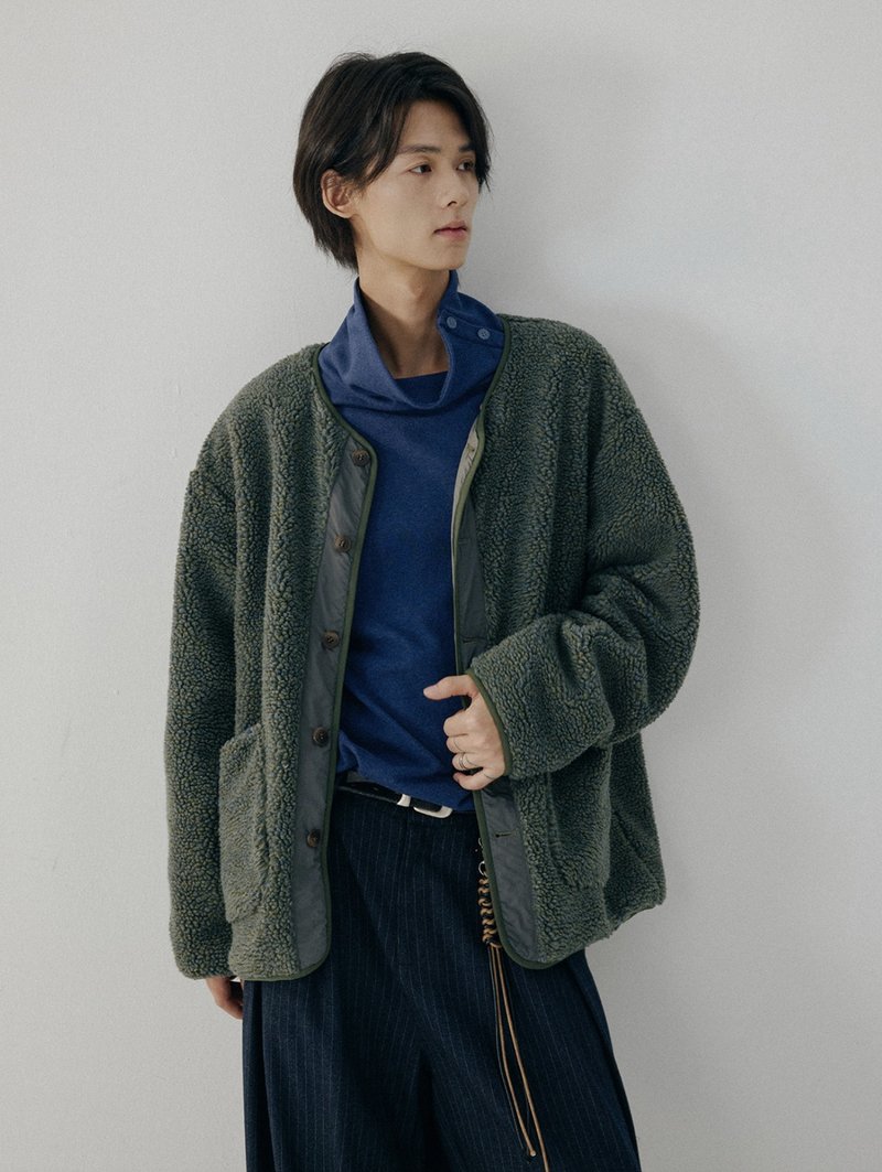 日系復古 / 短款無領夾克外套 / 羊羔毛 - 男裝外套/大衣 - 其他材質 綠色