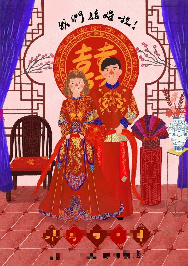 Manbu | Chinese style exclusive illustration wedding invitation - ภาพวาดบุคคล - วัสดุอื่นๆ หลากหลายสี