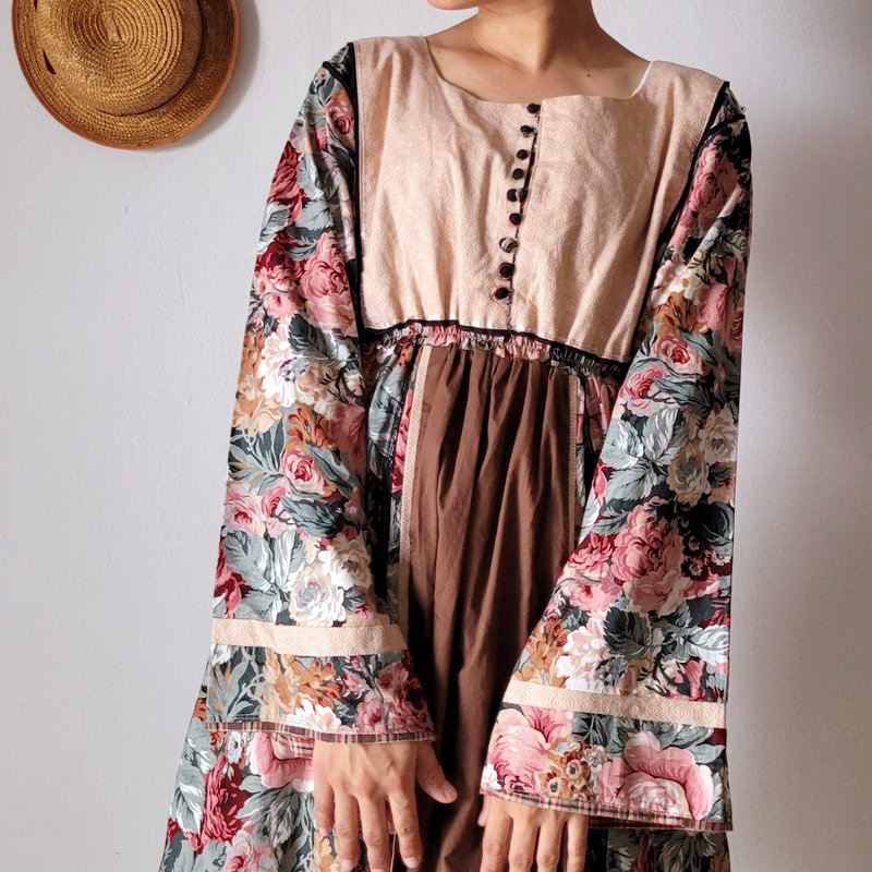 BajuTua /vintage/rose oil paint earth color waist-cut short dress - ชุดเดรส - ผ้าฝ้าย/ผ้าลินิน สีส้ม