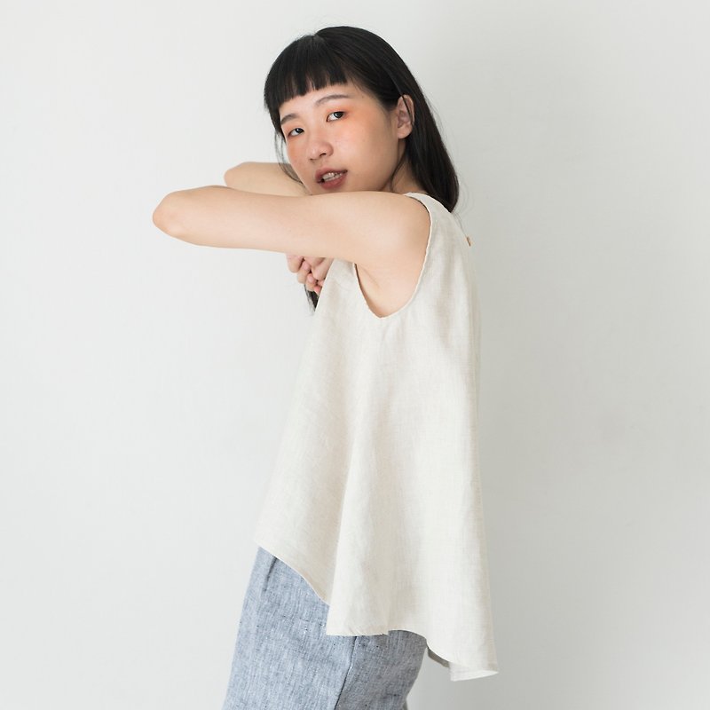 Beige Linen Sleeveless Shirt - 背心/無袖上衣 - 亞麻 卡其色