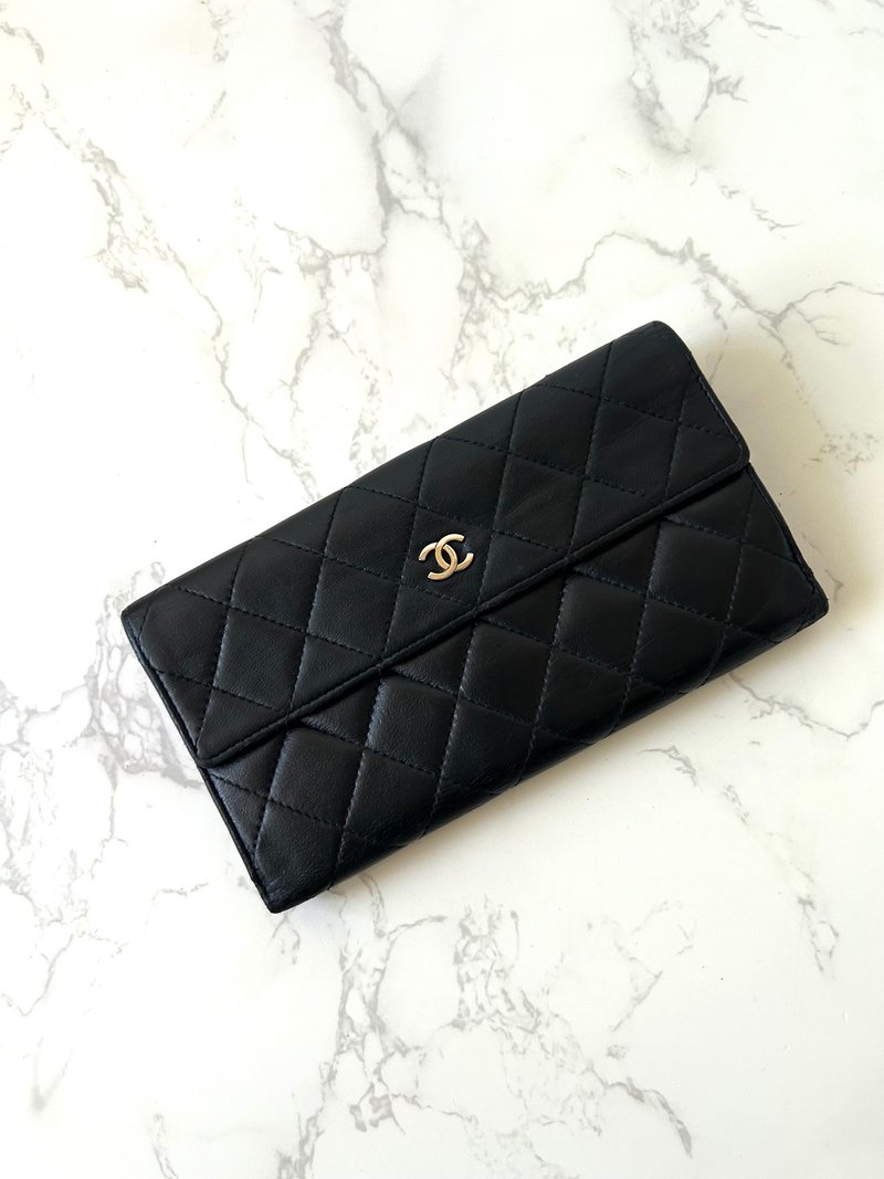 [LA LUNE] Second-hand Chanel black lamb leather Silver label long clip Silver wallet clutch bag - Wallets - Genuine Leather Black