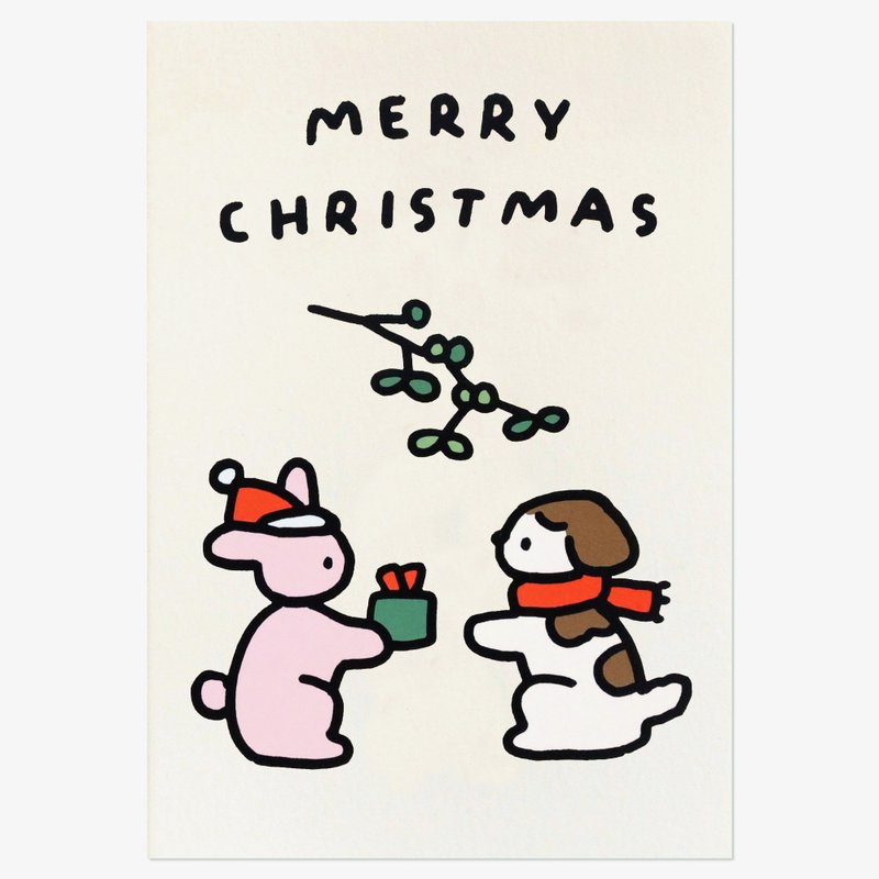 Christmas card bunny dog ​​giving gift - การ์ด/โปสการ์ด - กระดาษ 