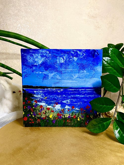KatyShata 原創海景畫藍雲畫。 鬱金香油畫海洋可愛