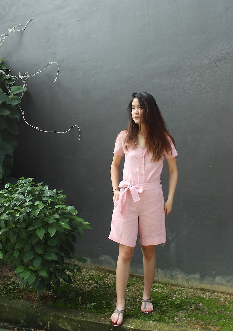 亞麻輕薄造型連身褲 - 粉红色  E29P - 吊帶褲/連身褲 - 亞麻 粉紅色